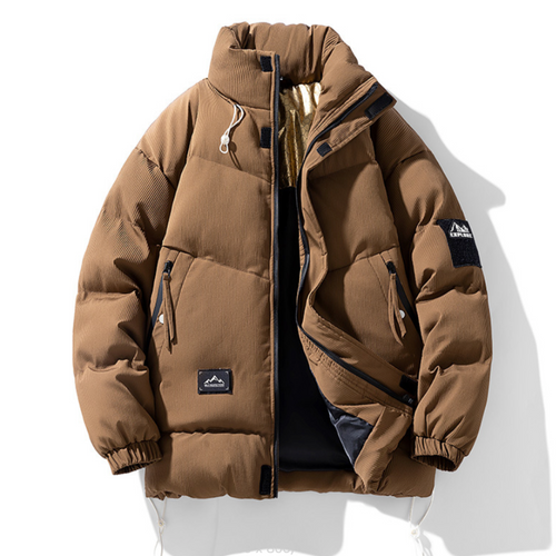 Men's Stand Collar Puffer in brown, front view
