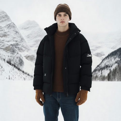 Men's Stand Collar Puffer in black, styled look
