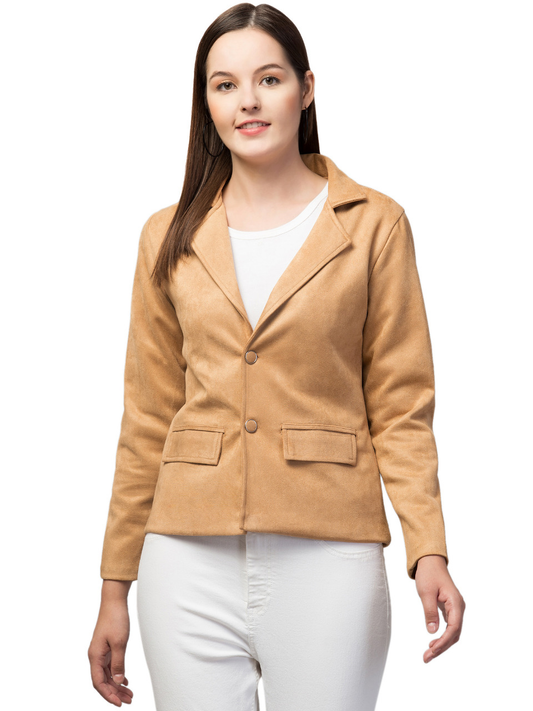 Linen Suede Lapel Jacket in tan, front view