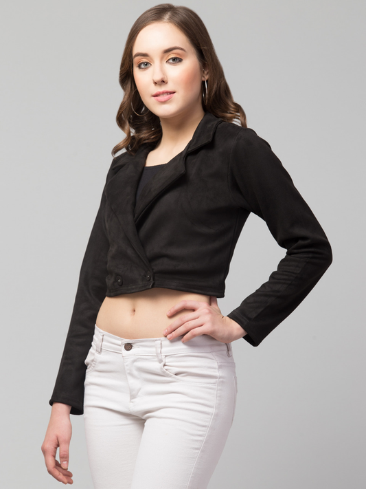 Suede Double-Breasted Blazer in black, front view