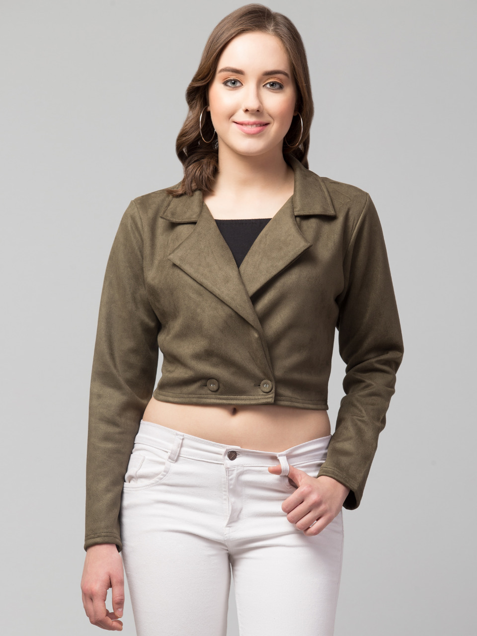 Suede Double-Breasted Blazer in olive, front view