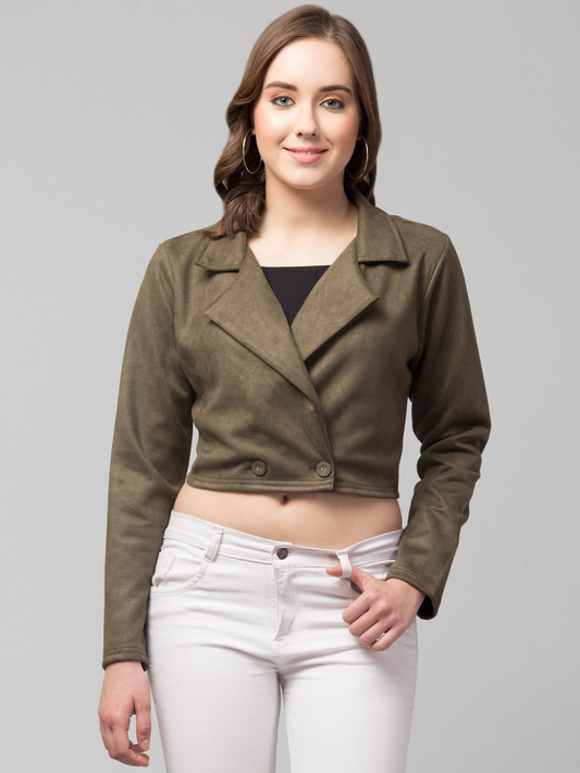 Suede Double-Breasted Blazer in olive, front view