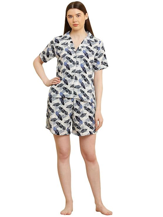 Cozy Print Pajama Set in white and blue print, front view