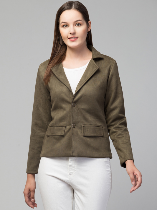 Linen Suede Lapel Jacket in olive, front view