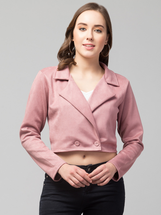 Suede Double-Breasted Blazer in pink, front view