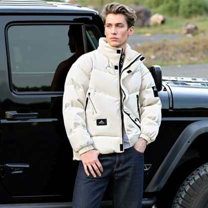 Men's Stand Collar Puffer in white, styled look