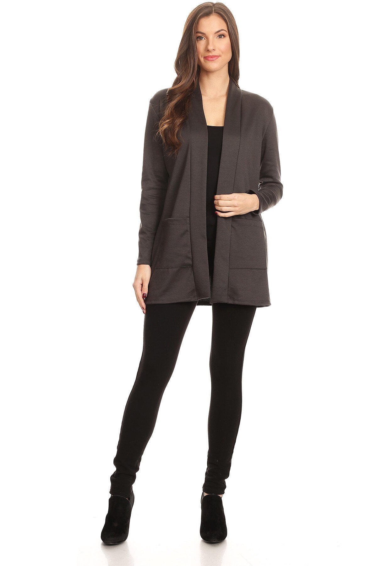 Long Cardigan with Pockets in charcoal, front view